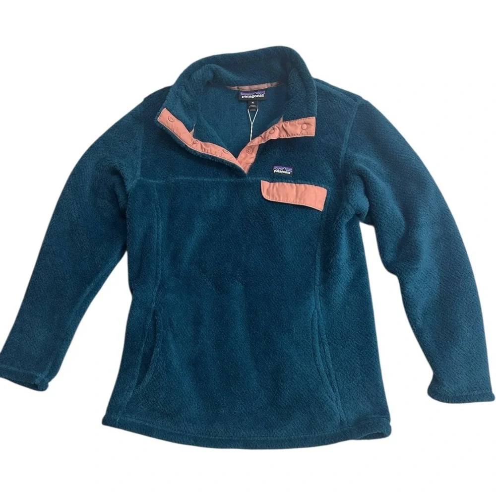 Patagonia Girls Re-Tool Snap-T Pullover Sweater Crater Blue Pink SZ XL NEW NWT
